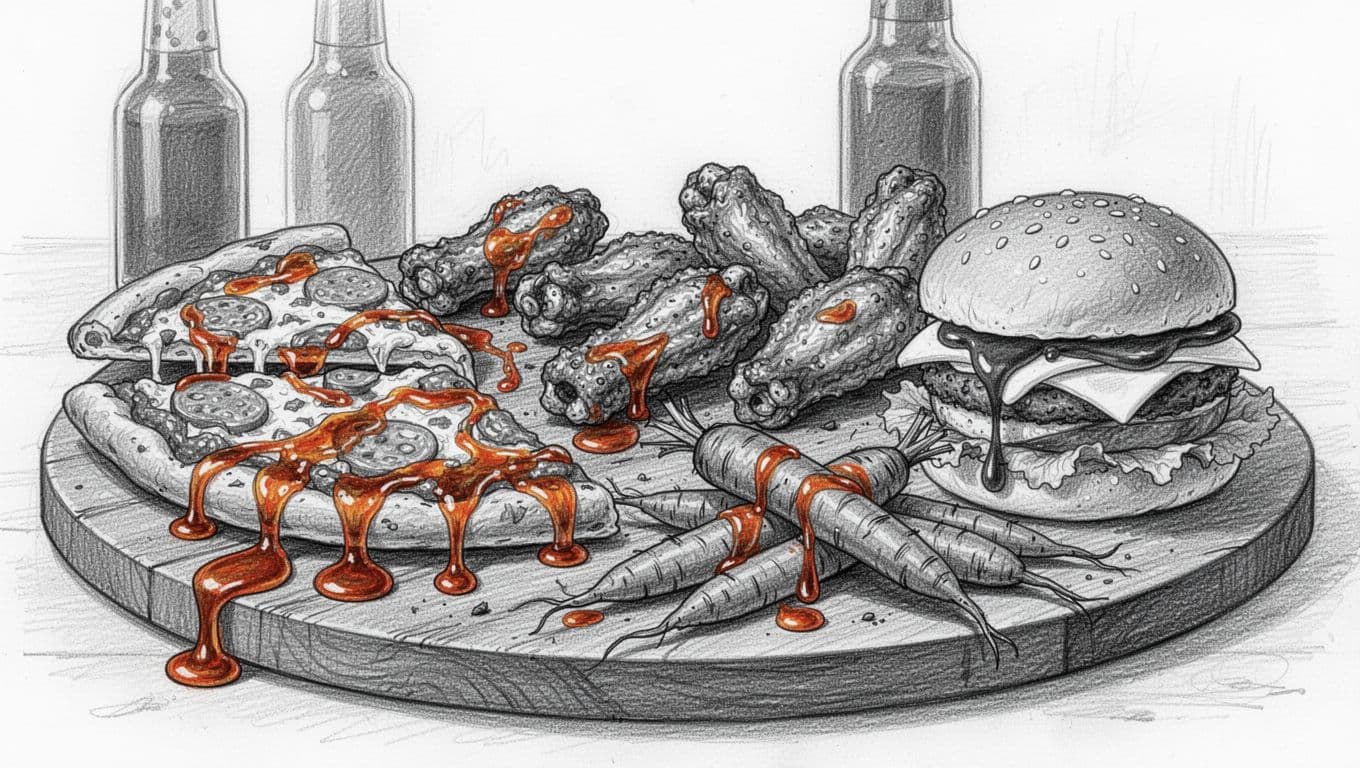 Detailed black and white pencil sketch of pizza slice, chicken wings, roasted carrots, and breakfast sandwich on a wooden platter, drizzled with glossy sweet heat hot sauce. Appetizing line art with faint sauce bottles in the background and warm side lighting.
