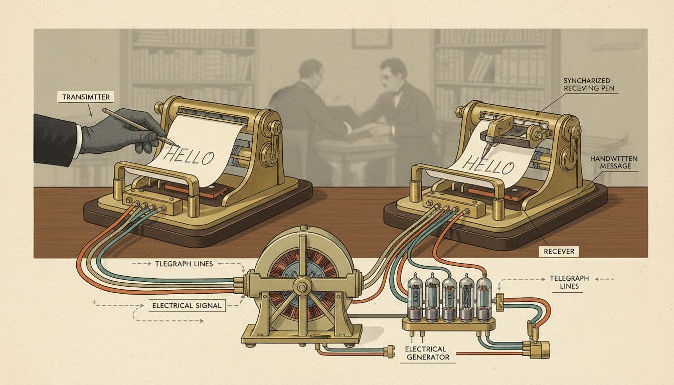 Technical illustration of the Telautograph, an 1888 handwriting transmission device with linked sender and receiver mechanisms.