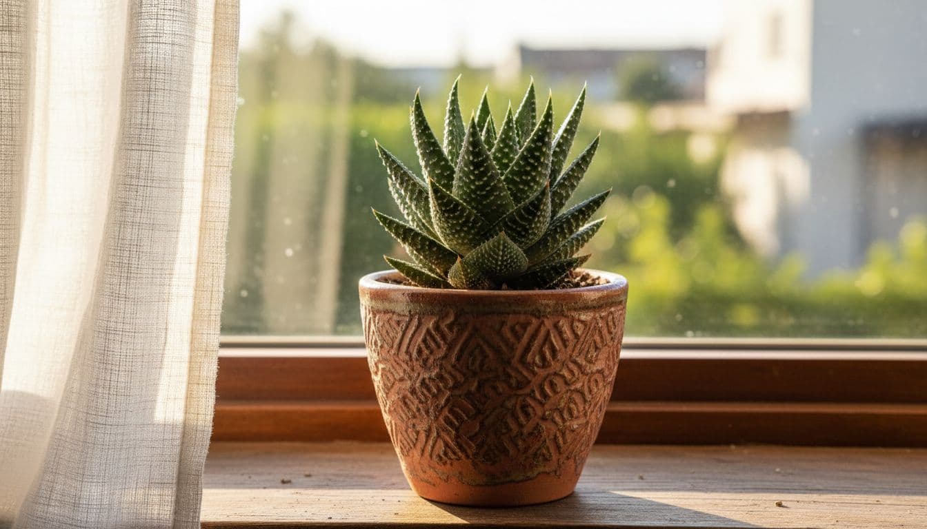 Vibrant succulent resembling Aloe or Haworthia in a ceramic pot on a sunny windowsill, receiving bright indirect light with even growth and compact form, illuminated by warm morning sunlight through a sheer curtain.