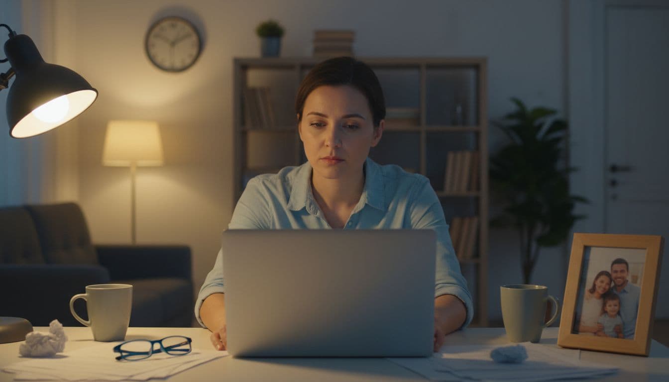 Tired person at home desk with closed laptop, late evening clock, dim lamp light, relaxed hands, and family photo frame nearby.