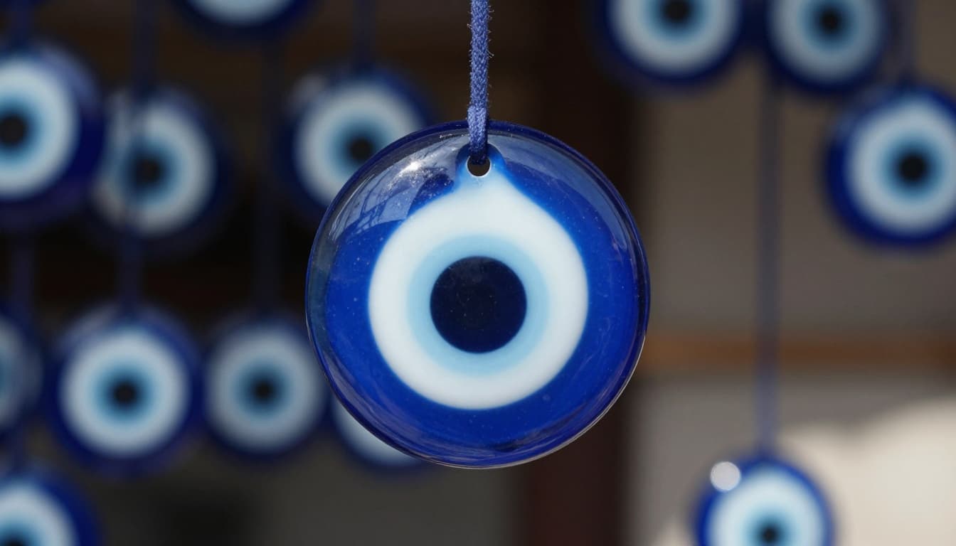 A detailed close-up view of a traditional Turkish nazar boncuğu, the evil eye bead, made of glass with concentric circles: outer dark blue rim, lighter blue, white ring, smaller dark blue, white dot, and black pupil. Shiny reflective surface catching light, hanging from a thin cord against a softly blurred market stall background in photorealistic style.