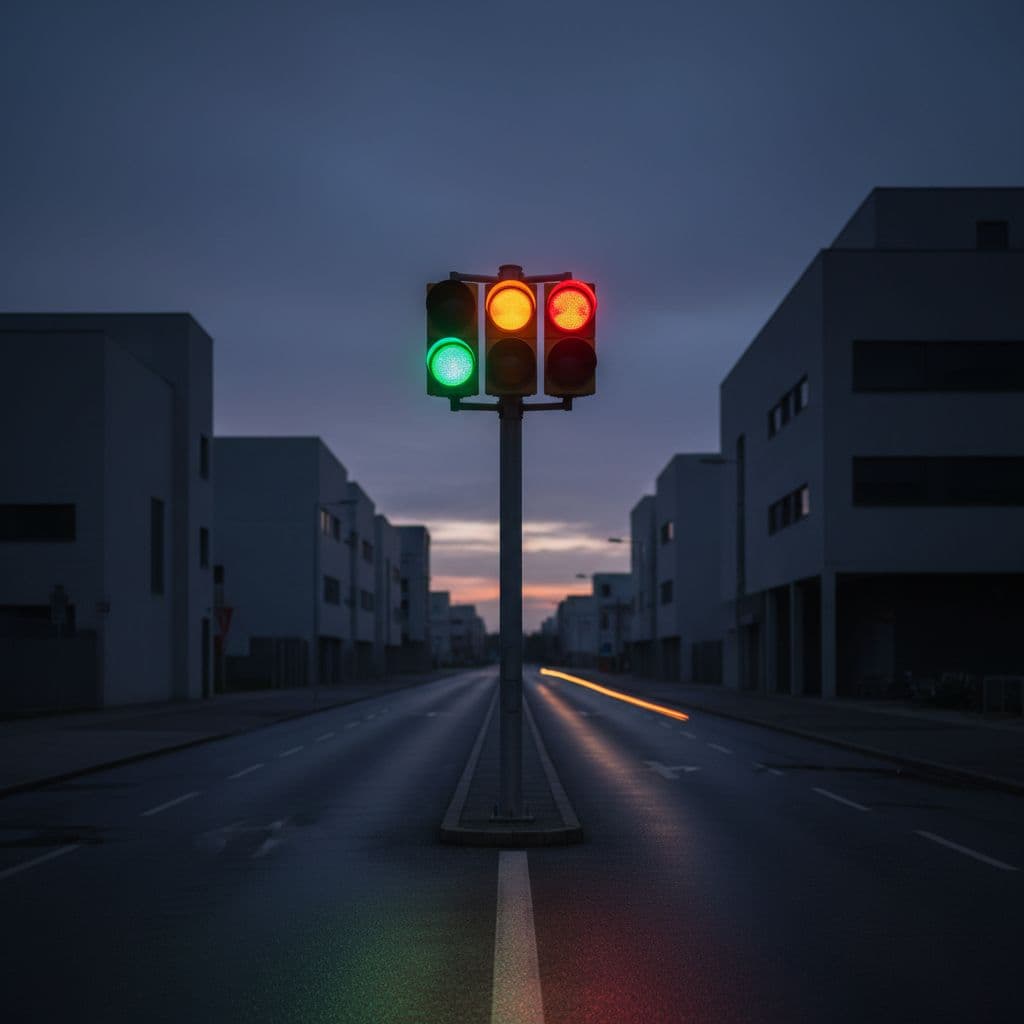 Traffic lights displaying green, yellow, and red in sequence on a simple urban street at dusk, photorealistic style with clean composition focusing on the lights, no vehicles, people, signs, or text.