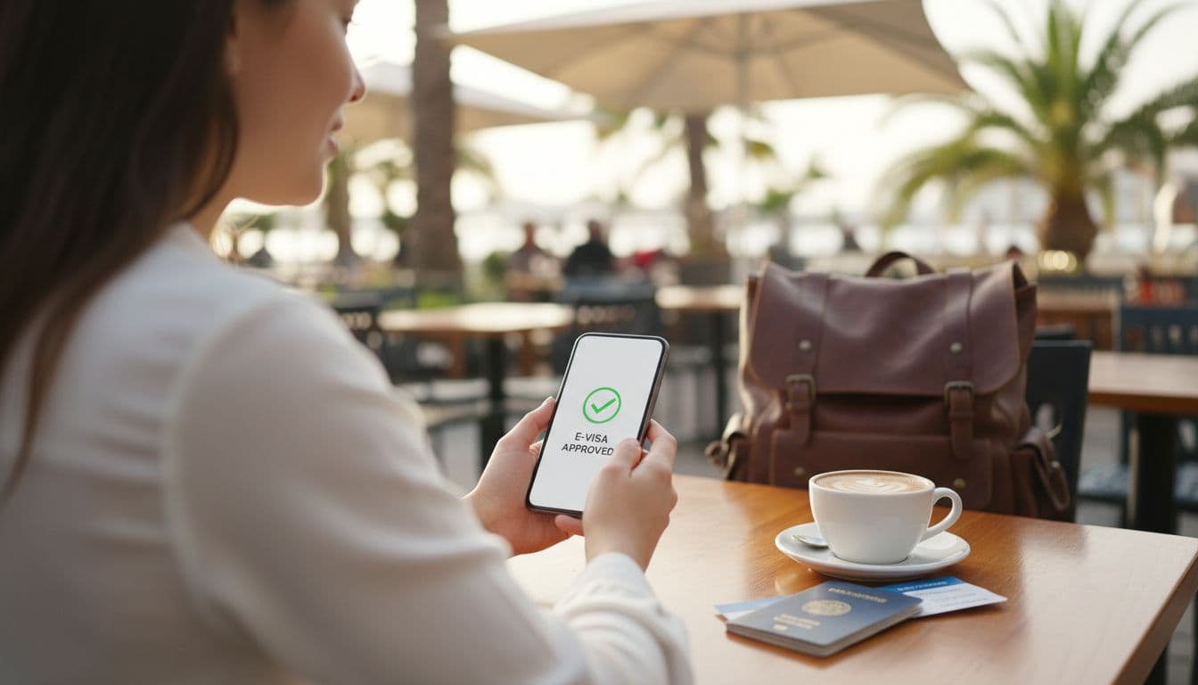A modern traveler checks e-visa approval on a smartphone screen at a cafe table, with passport, coffee cup, and plane ticket nearby. Sunny outdoor cafe setting with travel bag in background, photorealistic style with warm natural light.