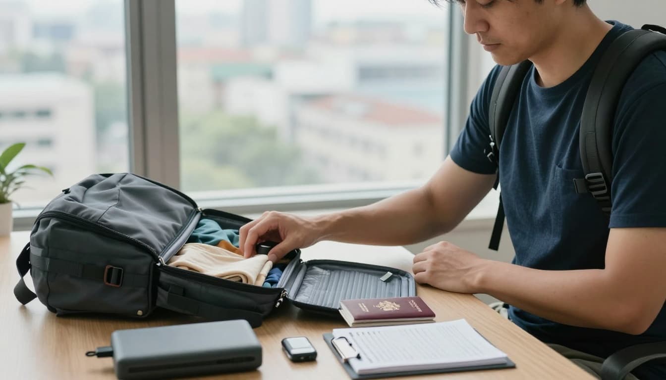 A traveler sits at a desk packing a minimalist backpack with organized clothes and gear laid out, open passport and checklist nearby, city view through the window in natural daylight.