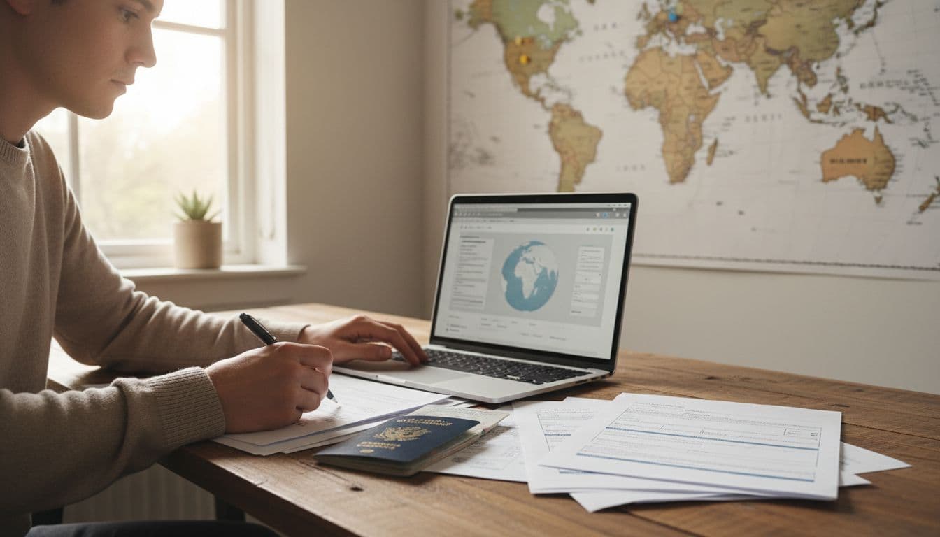 A focused traveler sits at a wooden desk in a bright home office, meticulously checking passport and visa application details on a laptop screen, with a world map poster in the background and natural daylight illuminating the calm scene.