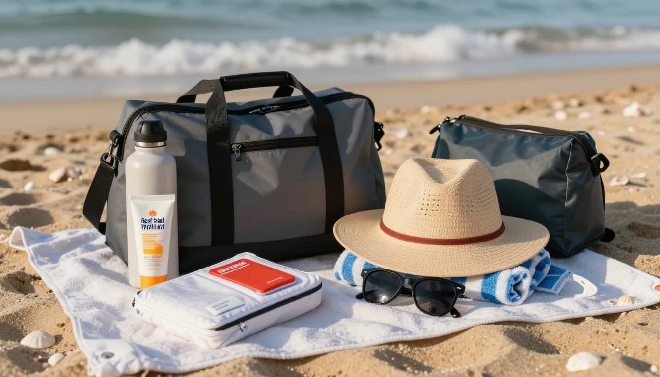 Realistic scene of a beach bag unpacked on a sandy beach towel, showing practical essentials like reef-safe sunscreen, insulated water bottle, wide-brim hat, quick-dry towel, first-aid kit, waterproof phone pouch, sunglasses, and wet bag, with gentle ocean waves and seashells in the background under morning sunlight.