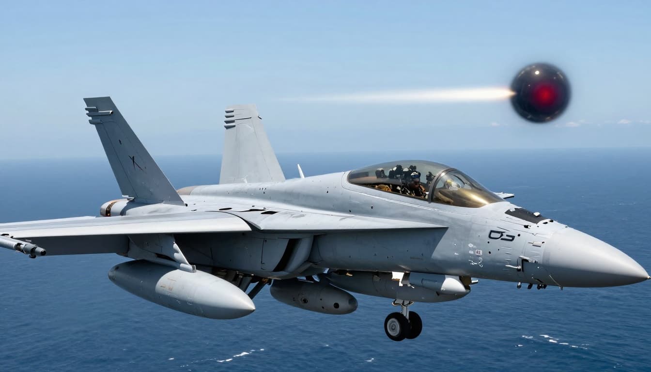 Landscape image of a U.S. Navy F/A-18 fighter jet flying over the ocean during daytime, with the pilot glancing at helmet display showing a fast-moving unidentified spherical object ahead, creating a tense, mysterious atmosphere.