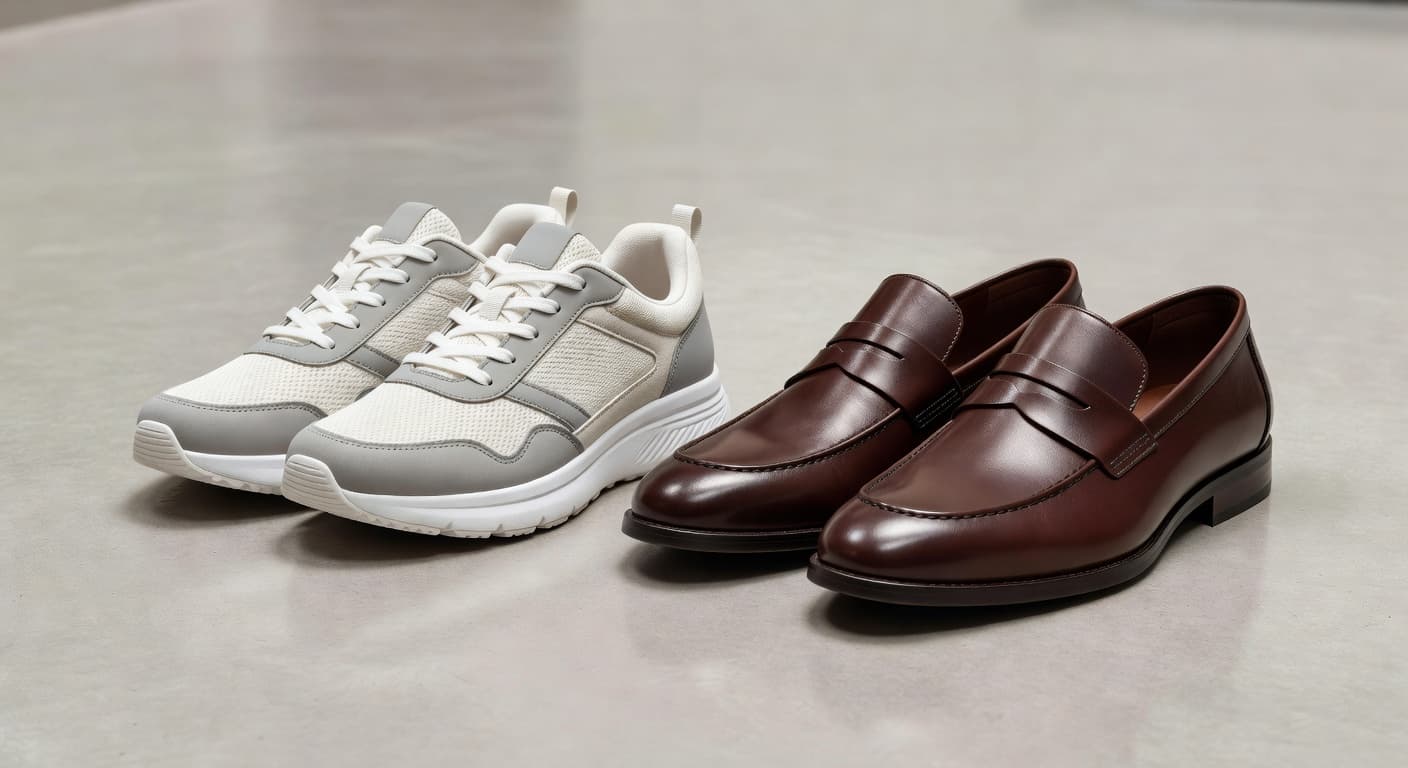 A pair of white athletic walking sneakers sits directly beside professional brown leather loafers on a smooth, neutral-toned floor. This clean indoor arrangement highlights the contrast between casual and formal footwear.