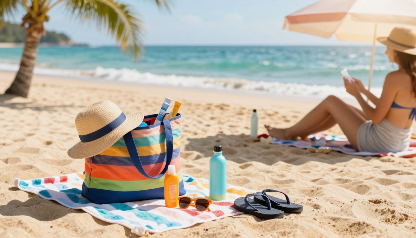 A vibrant beach scene at midday featuring golden sand, turquoise ocean waves, swaying palm trees, and a colorful beach bag spilling essentials like sun hat, sunglasses, sunscreen, water bottle, flip flops, and towel. A person in swimwear relaxes under an umbrella, applying sunscreen in bright, realistic photography with warm glows and shadows.
