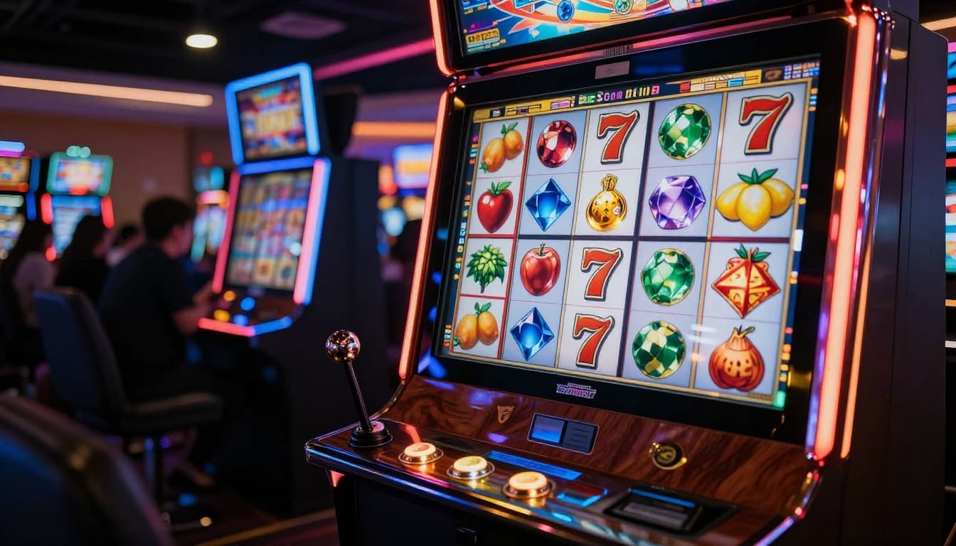 Photorealistic vibrant slot machine in a bustling sweepstakes casino, reels mid-spin with fruits, gems, and lucky 7s, neon lights flashing, golden jackpot meter, blurred background of machines and crowd.