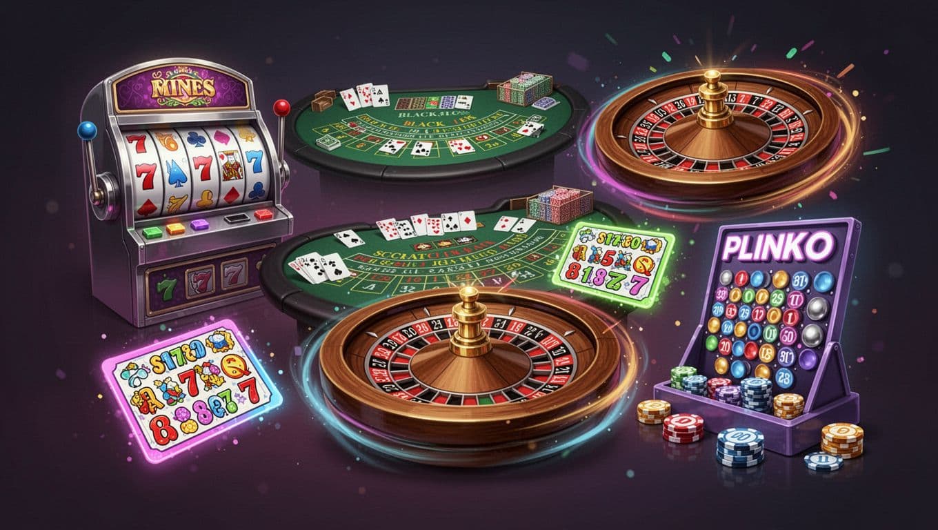 Vibrant illustration of a casino game lobby scene featuring icons of slot machine, blackjack table, roulette wheel, scratch card, Plinko board, and Mines game elements in a dynamic collage style on a dark gradient background with colorful neon accents. Energetic atmosphere with bold colors, sharp edges, glowing effects, high detail, landscape composition, no people, text, or watermarks.