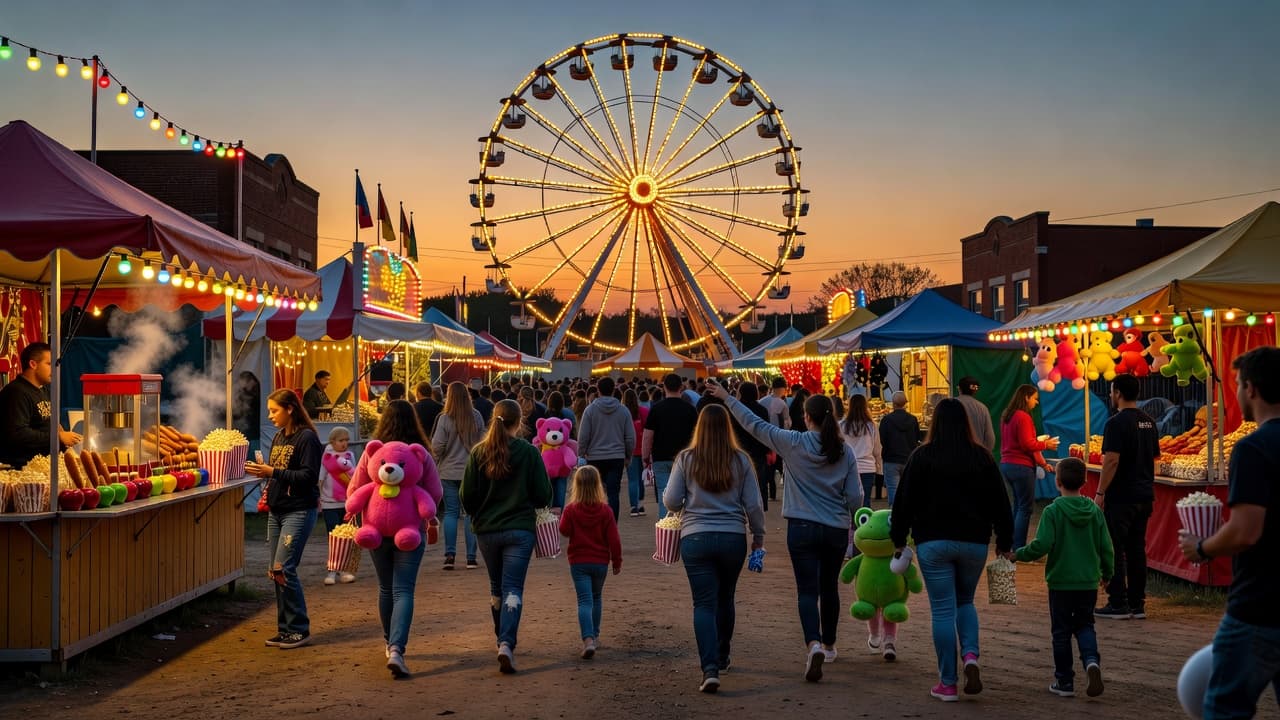 A glowing ferris wheel towers over a crowded carnival midway at dusk. Brightly lit food stalls line the gravel path, reflecting warm golden hues against the deepening blue evening sky.