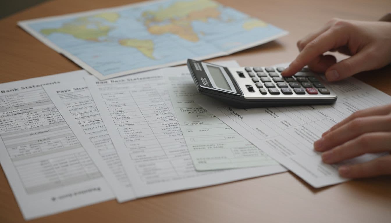A close-up view of bank statements, pay slips, and a calculator on a desk next to a visa application form, with a person's hand pointing to financial figures. Soft office lighting creates a professional and trustworthy atmosphere, with sharp details and a faint travel itinerary in the background.