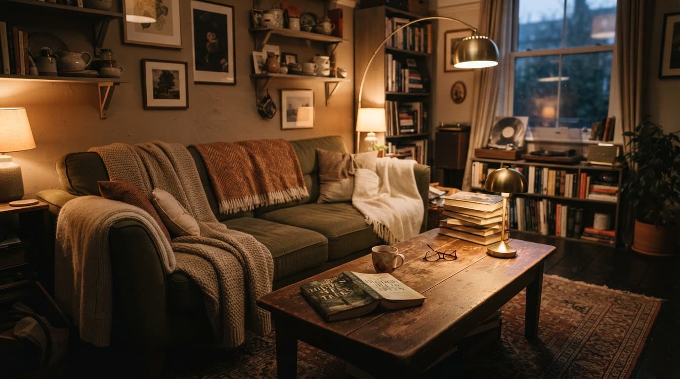 Cozy living room with a sofa, throws, coffee table, and book in warm light.