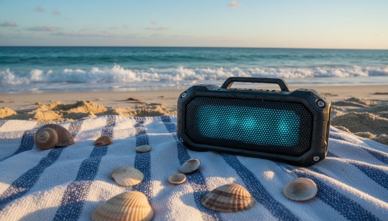 Photorealistic scene of a waterproof Bluetooth speaker playing music on a beach towel next to the ocean, with gentle waves, seashells, and subtle LED glow under natural sunlight.