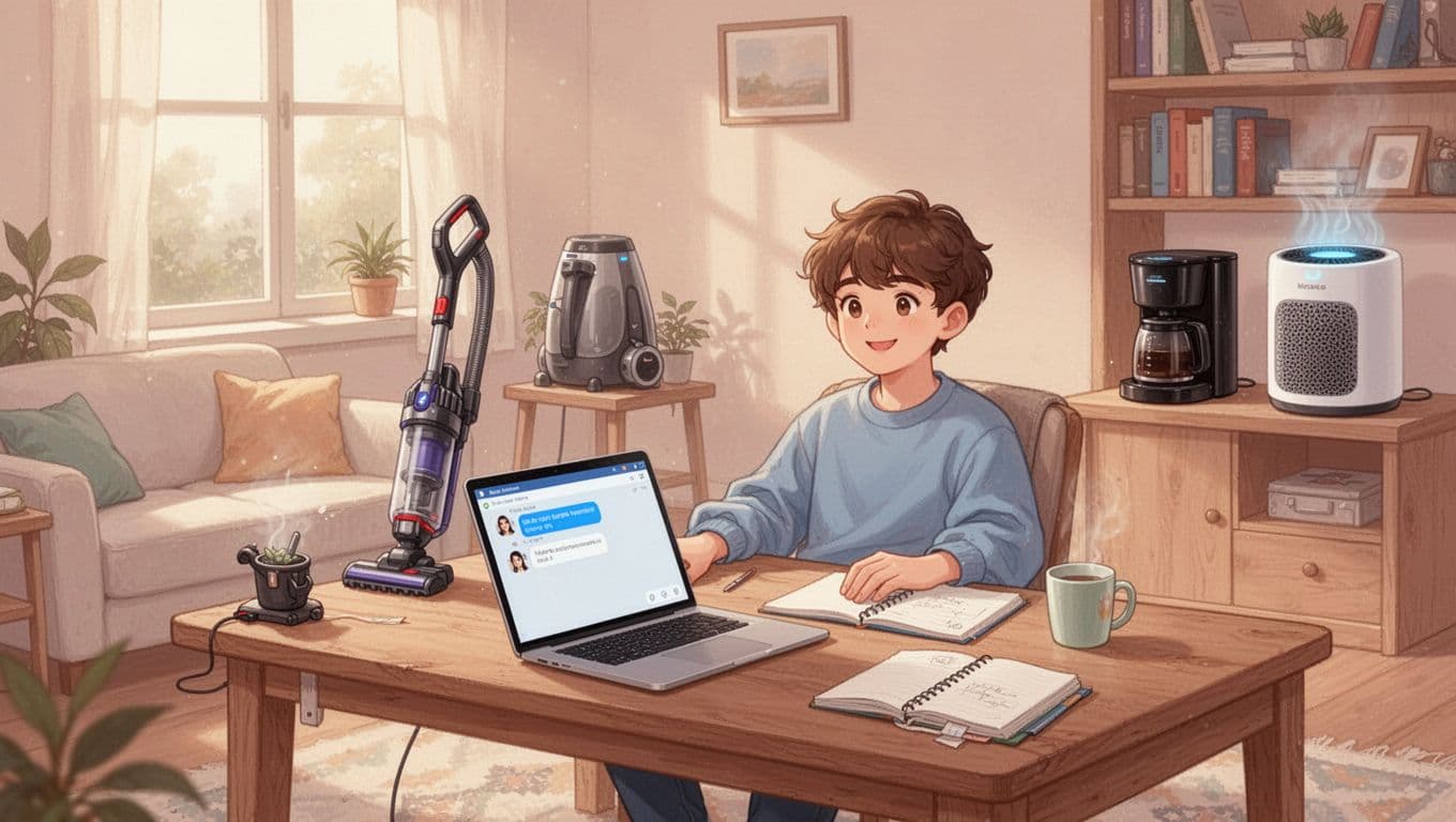 Whimsical illustration of a young beginner affiliate marketer sitting relaxed at a cozy wooden home desk in a sunlit living room, laptop open showing a simple chat interface, surrounded by home items like vacuum, coffee maker, air purifier, notebook, mug, and bookshelves.