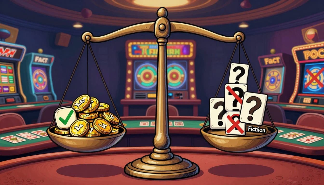 Illustration of a large balance scale in a playful casino environment, with the Fact side tipping down amid checkmarks and gold coins, and Fiction side tipping up with question marks and crosses. Background includes spinning slot reels and card tables in bright, whimsical colors with detailed line art.