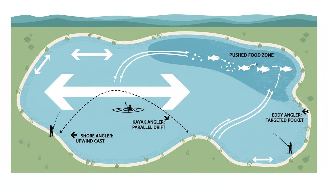 Top-down instructional diagram of a small lake with wind blowing left-to-right, showing three optimal angler positions: shore casting upwind, kayak parallel to bank, and targeting protected eddy. Features wind arrows, rippled shores, pushed food zones with plankton chain, drift lines, and casting angles in a clean vector infographic style.