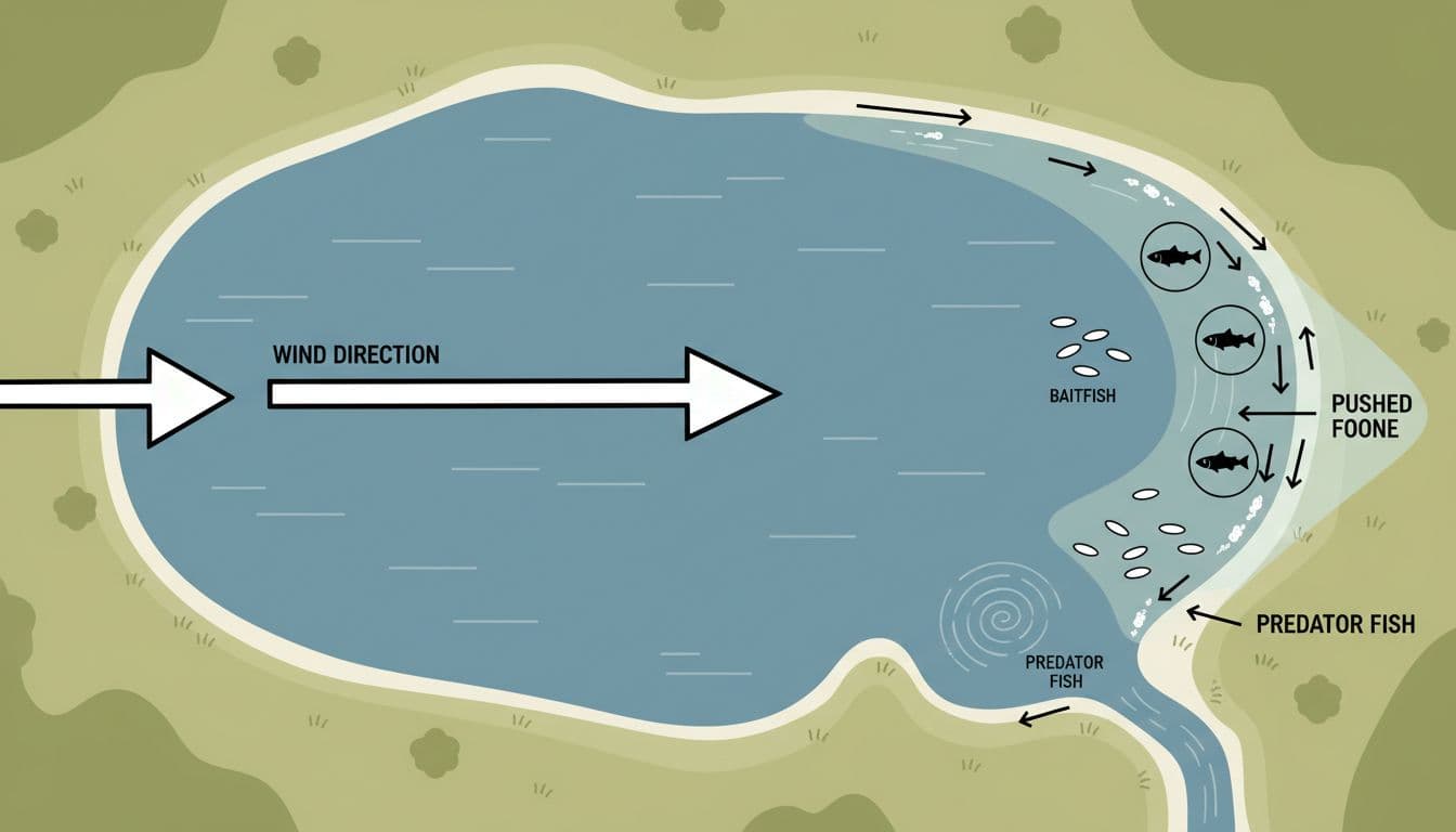 Instructional top-down diagram of a small pond showing wind direction creating ripples and a pushed food zone along the downwind shore, concentrating baitfish and predator fish near features like points, coves, and inlets.