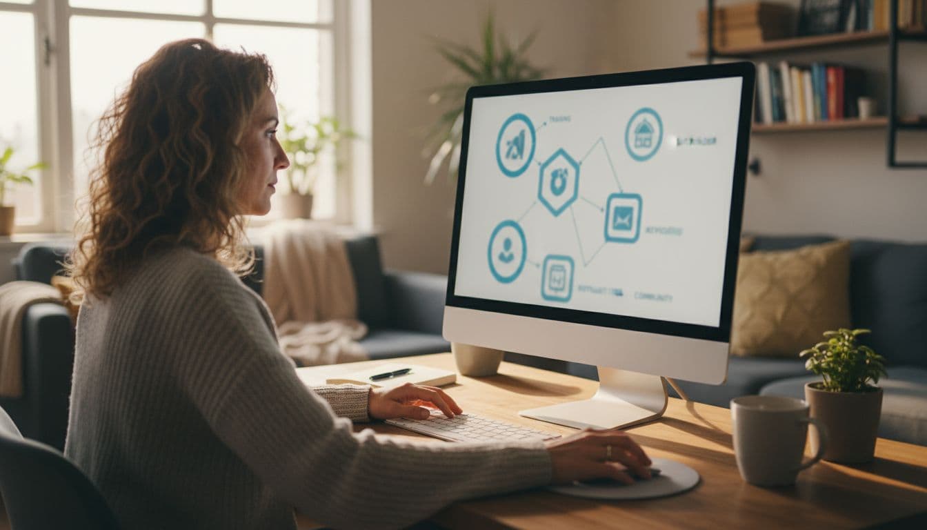A focused person works from a home desk with a computer screen showing blurred abstract elements of Wealthy Affiliate's training modules and tools icons, in a comfortable living room bathed in warm afternoon light, photorealistic style.