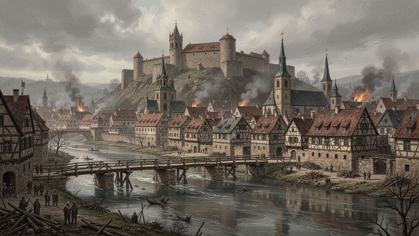 Illustration of early 17th-century Würzburg, Germany, during the Thirty Years' War, featuring the Main River, wooden bridges, Marienberg Fortress, and medieval houses under a moody sky with smoke, no people present.