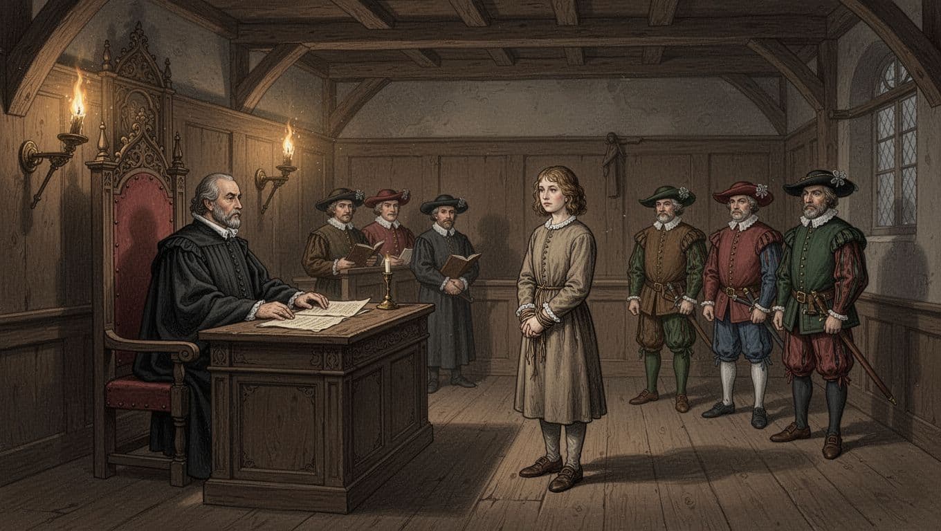 Illustration of a dimly lit 17th-century courtroom during the Würzburg witch trials, featuring a robed judge at a high desk, a bound accused in simple clothing, and three quiet observers in period attire amid flickering torchlight and long shadows.