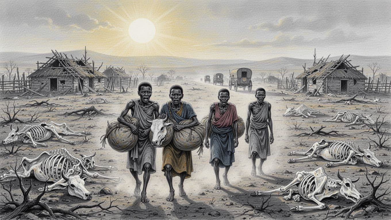 Illustration showing emaciated Xhosa families walking through barren Eastern Cape fields after the 1857 cattle-killing famine, with empty kraals, destroyed huts, skeletal cattle remains, and distant colonial wagons under a harsh sun.