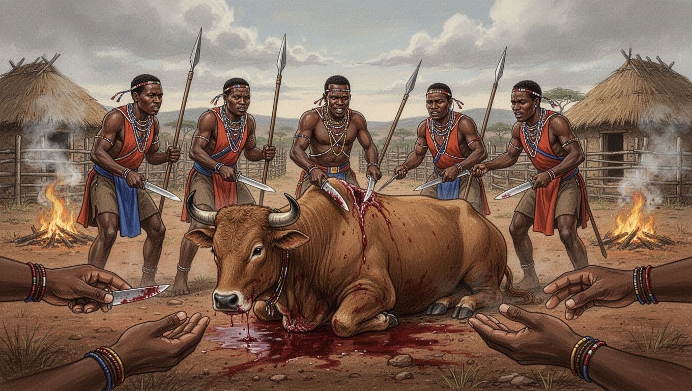 Illustration depicting five Xhosa men with spears and knives slaughtering a large brown Nguni cow as part of a 1857 prophecy ritual, with thatched huts and kraals in the background under a cloudy sky.