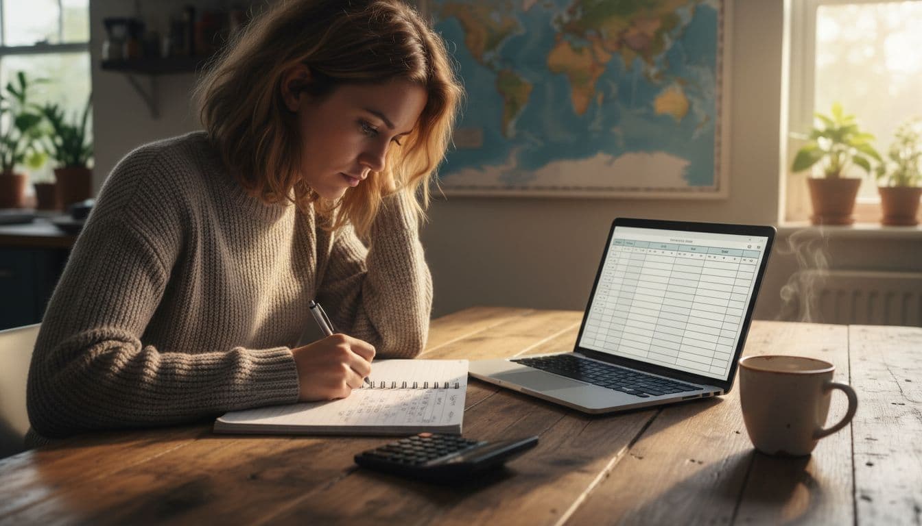 A young traveler sits at a wooden kitchen table, focused on a notebook filled with budget notes and a calculator nearby. A laptop displays a simple budget spreadsheet, with a coffee mug and world map poster in the soft morning light.