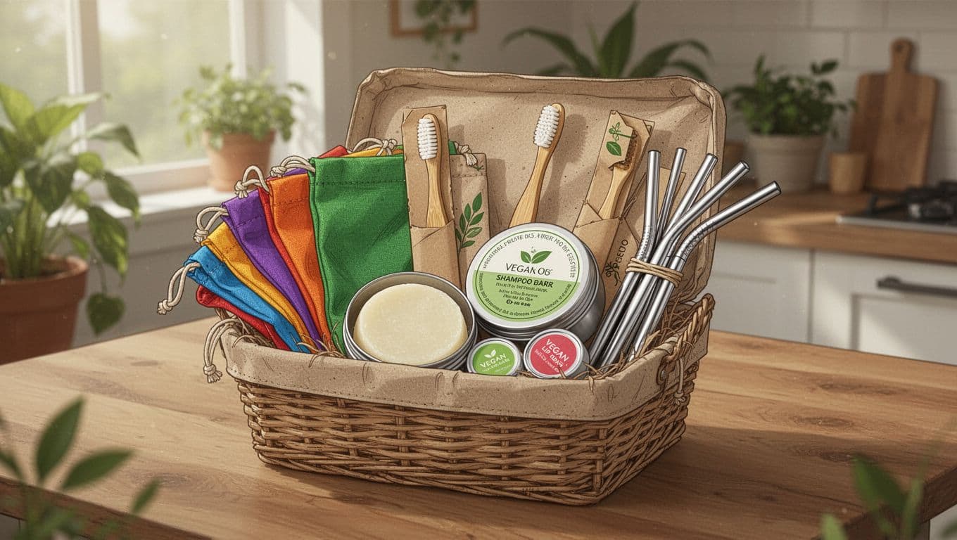 Illustration of a thoughtfully curated zero-waste vegan gift basket on a wooden kitchen table, featuring reusable produce bags, bamboo toothbrush, shampoo bar in metal tin, vegan lip balm, and stainless steel straws. Soft natural light illuminates the cozy home interior with plants, emphasizing textures and earth tones for an eco-friendly feel.