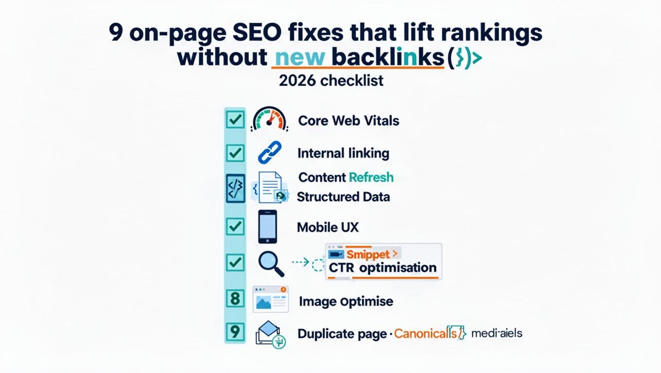 Clean modern infographic-style illustration of a vertical checklist with 9 numbered on-page SEO fixes, each with simple icons for Core Web Vitals, internal linking, content refresh, structured data, mobile UX, search intent, CTR optimisation, media files, and canonicals. Flat design in blue, teal, orange on white background, sans-serif typography.