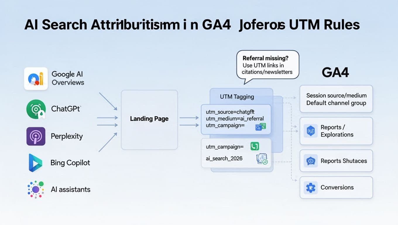 Clean, modern infographic diagram illustrating how AI traffic sources like Google AI Overviews, ChatGPT, Perplexity, and Bing Copilot attribute to publisher sites in Google Analytics 4 via UTM tagging.
