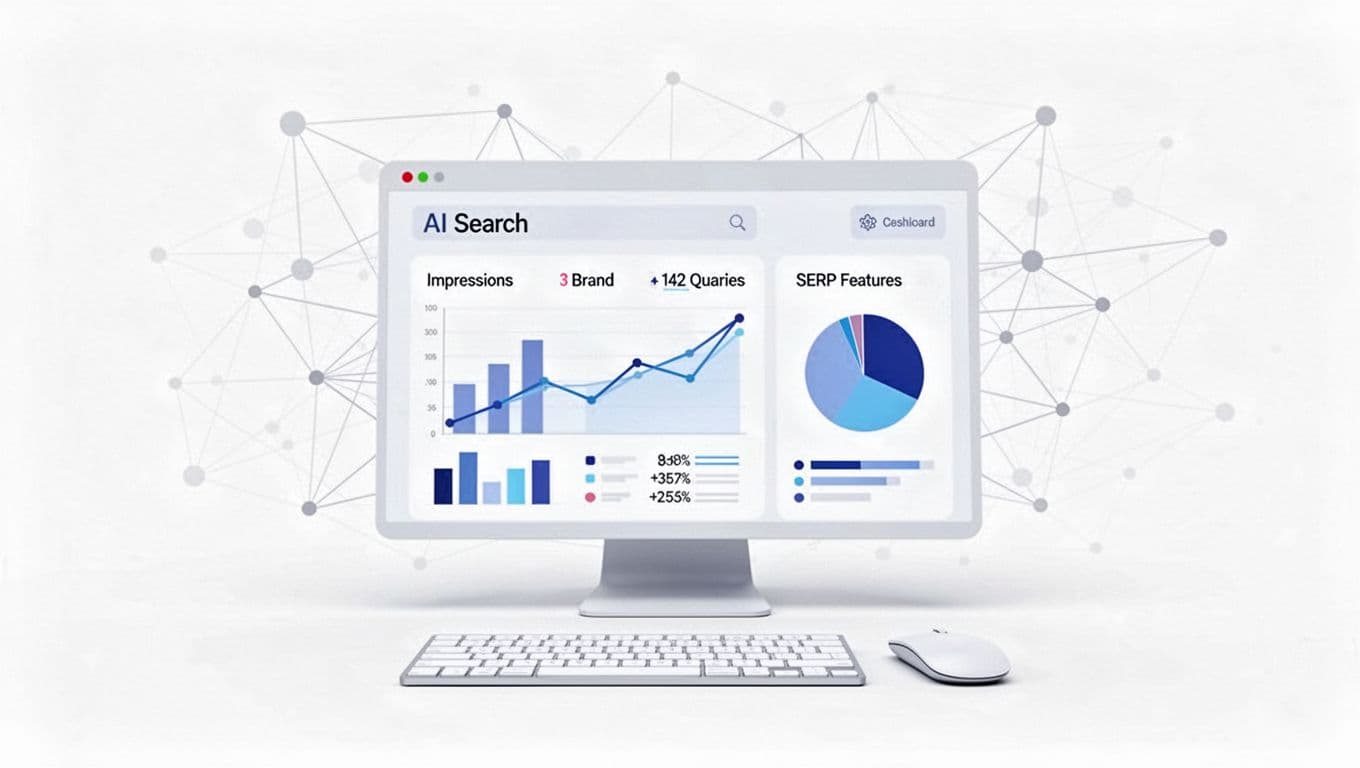 Clean, modern flat vector illustration of a professional SaaS dashboard displaying AI search metrics like impressions, brand queries, and SERP features with abstract bar, line, and pie charts, plus a keyboard and mouse on a white background with faint network lines.