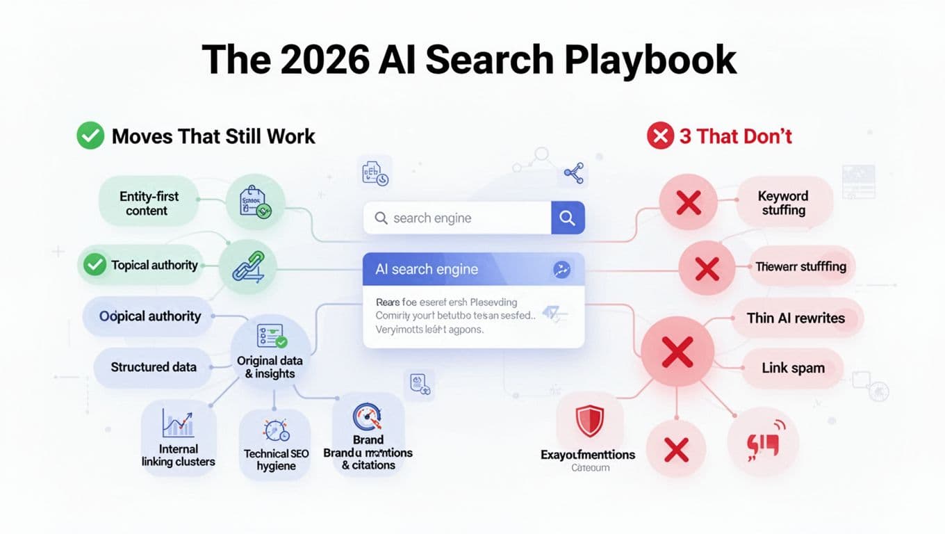 Clean, modern flat vector hero illustration with subtle gradients in a SaaS/tech aesthetic on white background, featuring a central AI search engine interface connected by lines to 10 labeled nodes: 7 effective SEO moves with green checks and 3 ineffective ones with red X icons.