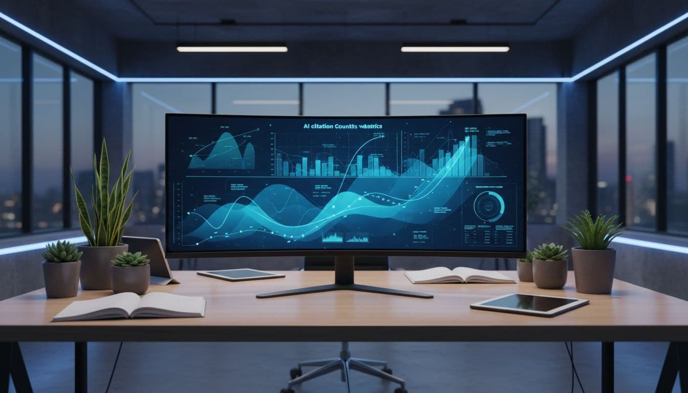 SEO dashboard on a large curved monitor showing graphs of rising AI citations and traffic metrics, in a contemporary agency office with plants and notebooks. Realistic render style with dynamic blue lighting accents, exactly one monitor, no people or readable text.