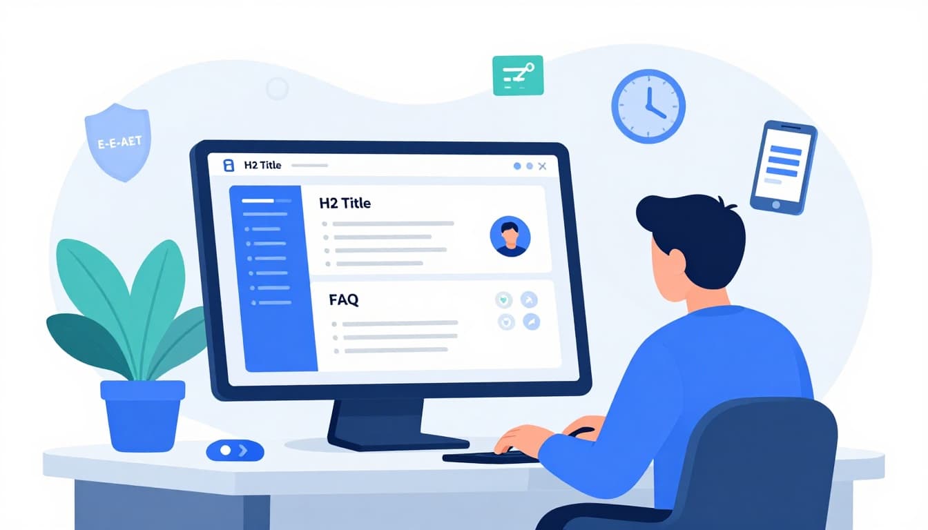Clean modern vector illustration of a content creator at a desk with a laptop showing a structured blog post featuring headings, bullet points, FAQ, and author bio. Background includes subtle SEO icons like E-E-A-T shield, freshness clock, linked sources, and fast-loading mobile.