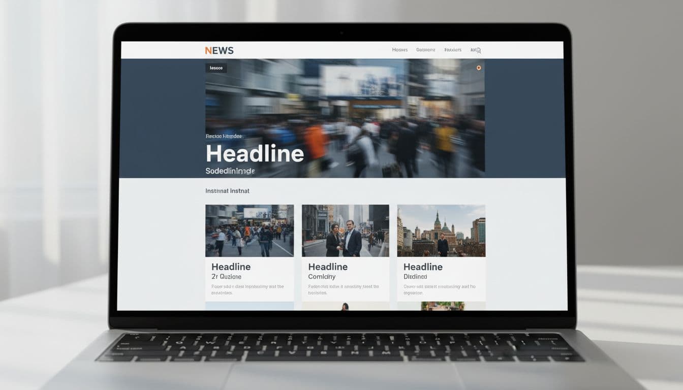 Modern news website homepage on a laptop screen viewed from above, featuring fast-loading hero image, smooth headlines, and article previews without layout shifts in natural daylight.
