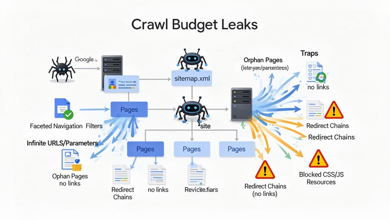 A clean, modern flat vector diagram on a white background depicting crawl budget leaks in technical SEO, with a central spider bot crawling from sitemap to pages and arrows indicating traps like faceted navigation, infinite URLs, orphan pages, redirect chains, and blocked CSS/JS resources.