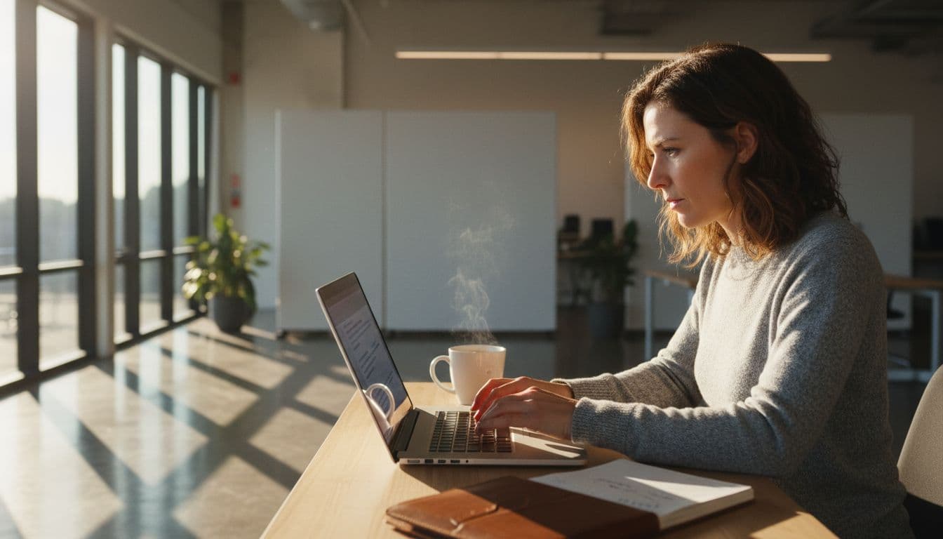 A dedicated journalist types an original article on a laptop in a bright modern newsroom, surrounded by a fresh coffee mug and notebook, bathed in warm morning light.