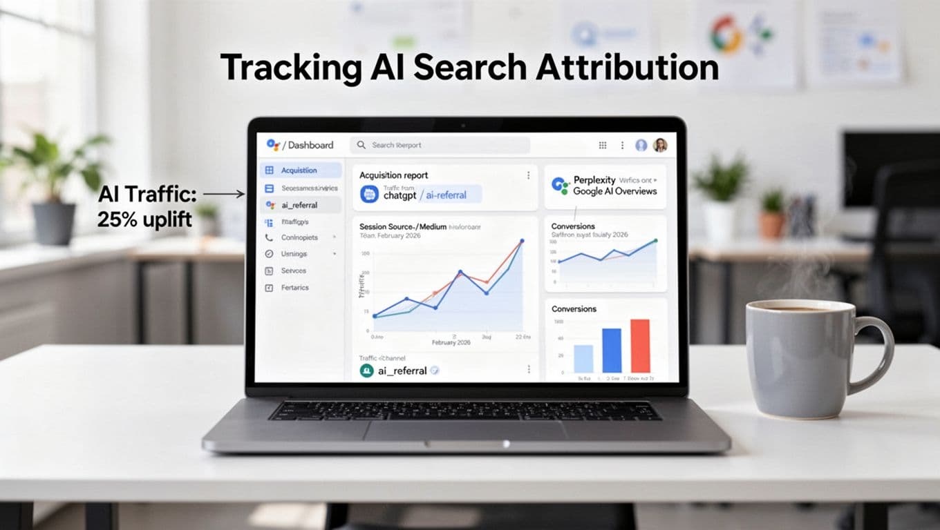 Landscape infographic of a laptop on a modern desk displaying GA4 interface with acquisition reports highlighting 'ai_referral' channel, traffic graphs spiking from Perplexity and Google AI Overviews in February 2026, and conversions charts, in flat vector style with blurred office background.
