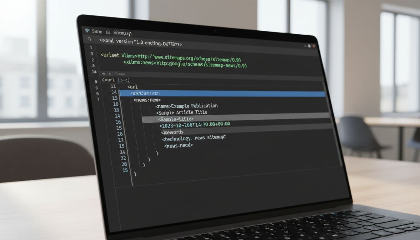 Close-up of a laptop screen displaying sample Google News Sitemap XML code in a code editor, showing key news tags. Modern office desk with keyboard, natural lighting, realistic style.