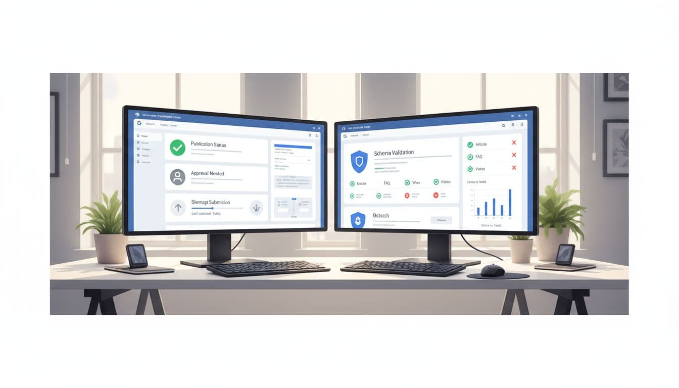 Semi-realistic illustration of dual monitors in a bright tech office displaying news publisher dashboards from Google Publisher Center and Search Console, featuring approval status, sitemap submission, and schema validation icons for Top Stories eligibility.