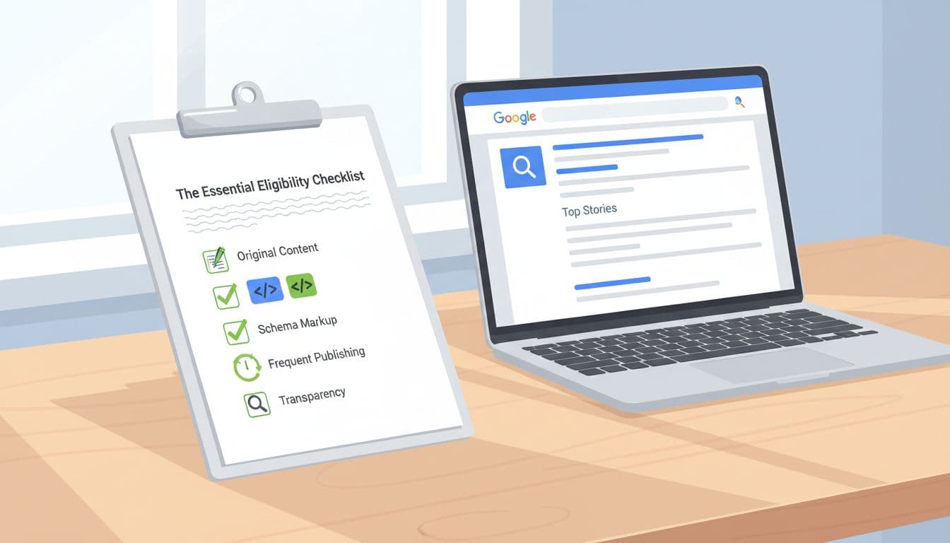 Vibrant illustration of a professional clipboard checklist with green tick marks for Google Top Stories requirements like original content and schema markup, on a modern desk with laptop showing search results.