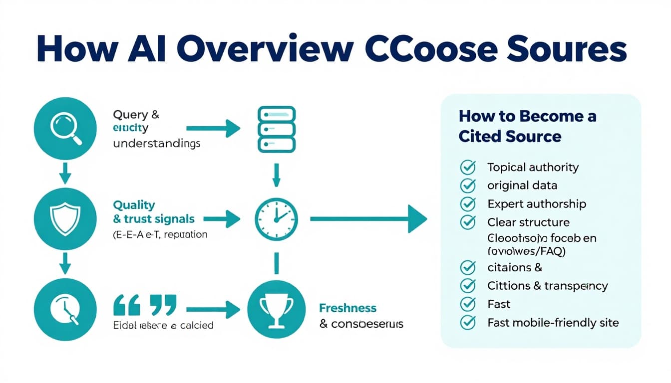 Clean modern vector infographic depicting a seven-step pipeline for how AI Overviews select sources, from query intent to final citations, with a sidebar checklist on becoming a cited source.
