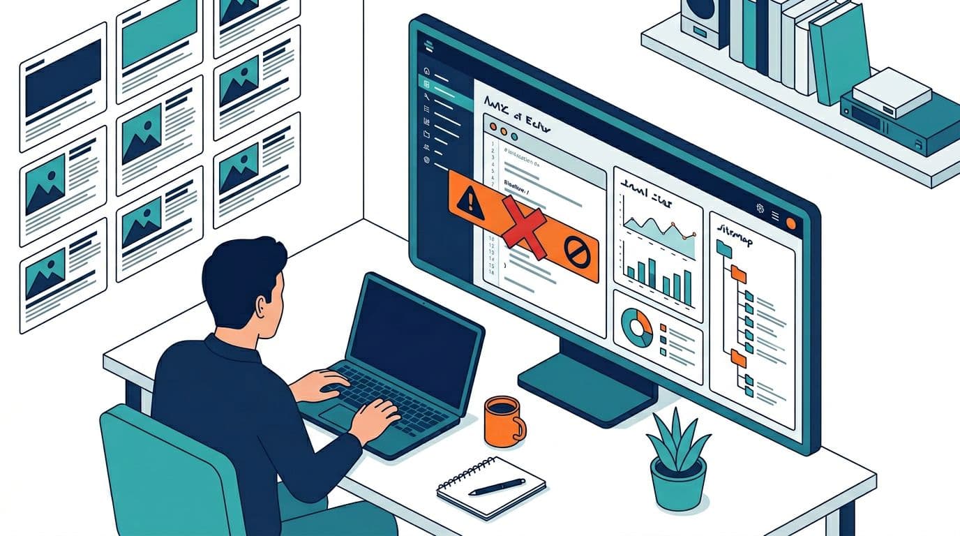 Minimalist flat isometric illustration of a news publisher dashboard with open robots.txt editor showing de-indexing warnings, site map, crawl stats, developer at desk, and news thumbnails in background.