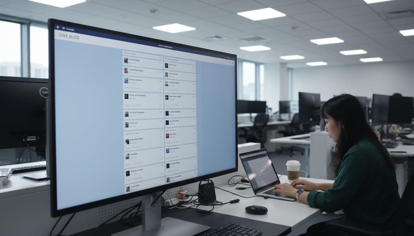A dynamic live blog dashboard on a large computer screen in a busy newsroom, showing real-time scrolling updates with headlines and timestamps in modern flat design, bright lighting, one laptop and person typing in background.