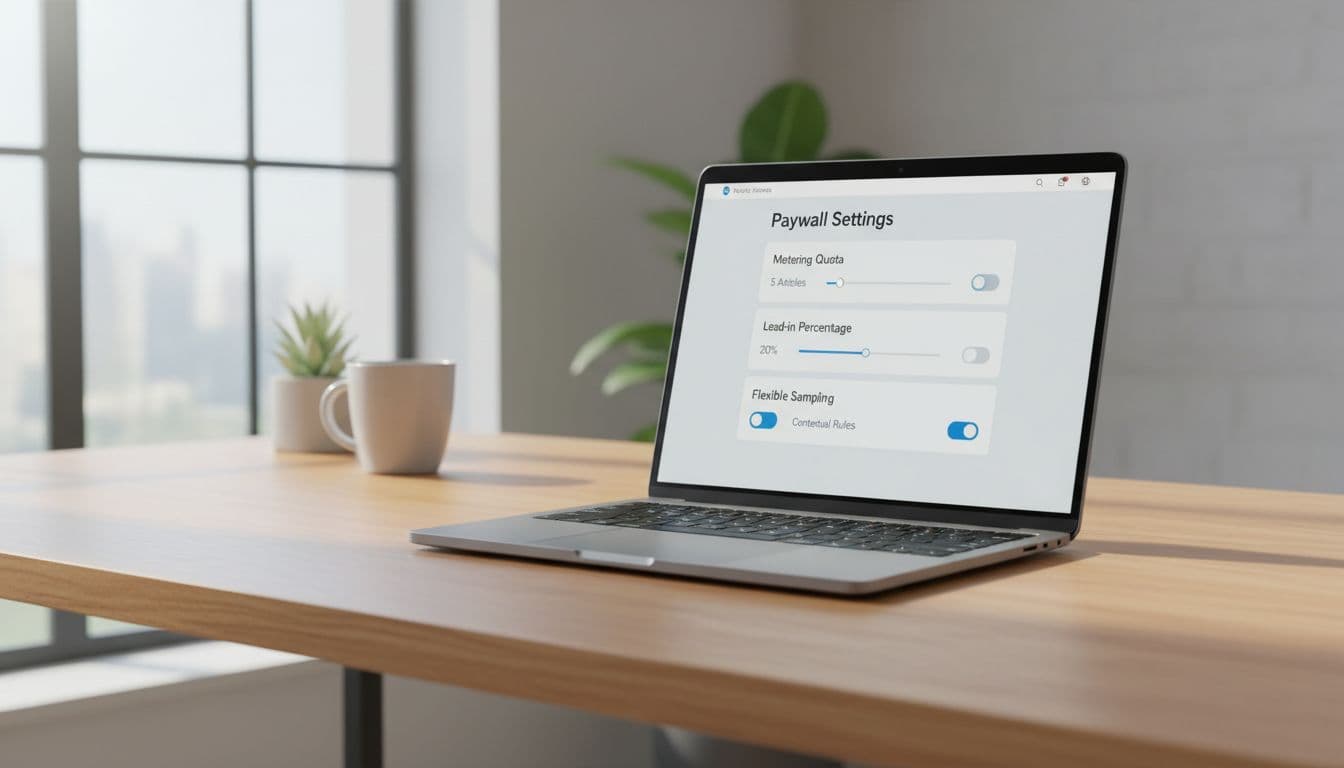 Modern web dashboard on a laptop screen showing paywall settings like metering quota, lead-in percentage, and flexible sampling toggles, on a clean office desk with natural daylight.