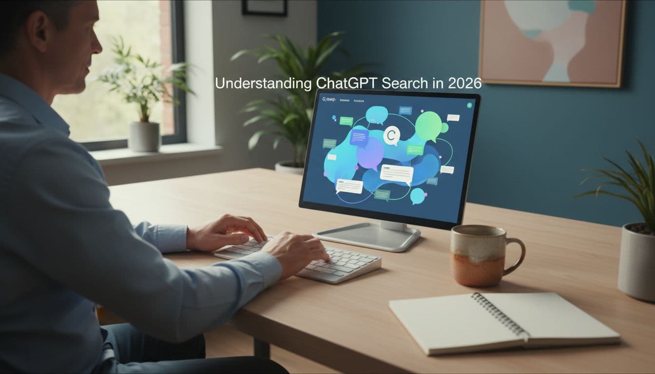 Professional publisher reviewing ChatGPT search results on a laptop in a modern home office, with abstract chat bubbles and website citations on screen, coffee mug and notebook nearby, natural daylight.
