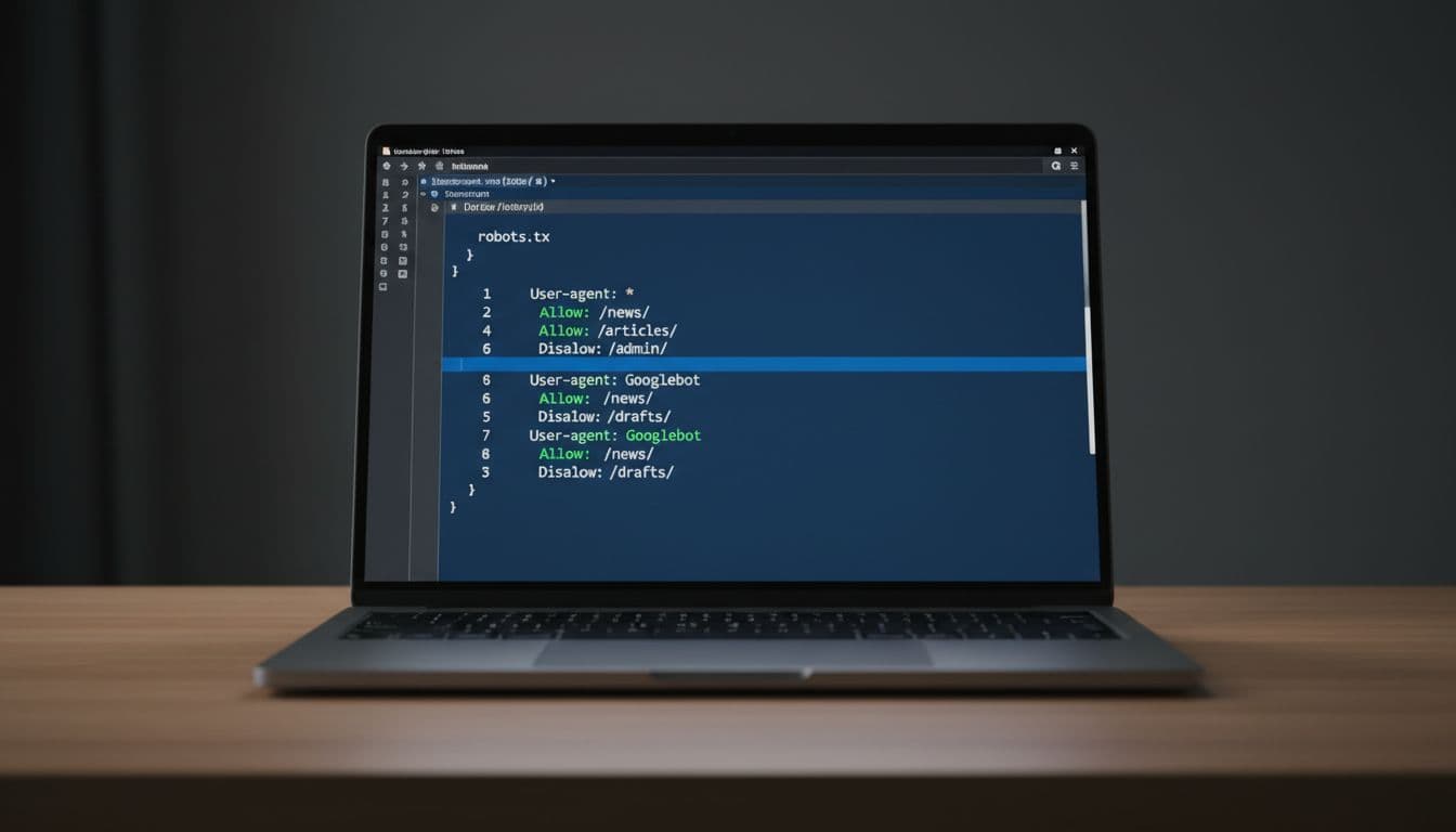 A modern laptop on a desk displays an open robots.txt file in a dark-themed plain text editor with syntax highlighting, allowing /news/ and /articles/ while disallowing /admin/ and /drafts/. This clean close-up serves as a visual example of essential robots.txt rules for news publishers.