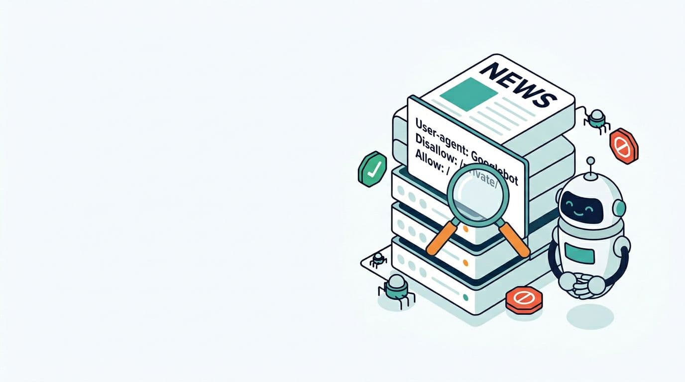 Minimalist isometric illustration of a stylized news site server with an open robots.txt file showing Googlebot rules, featuring a friendly robot inspecting URL paths with green check and red stop icons for indexing.